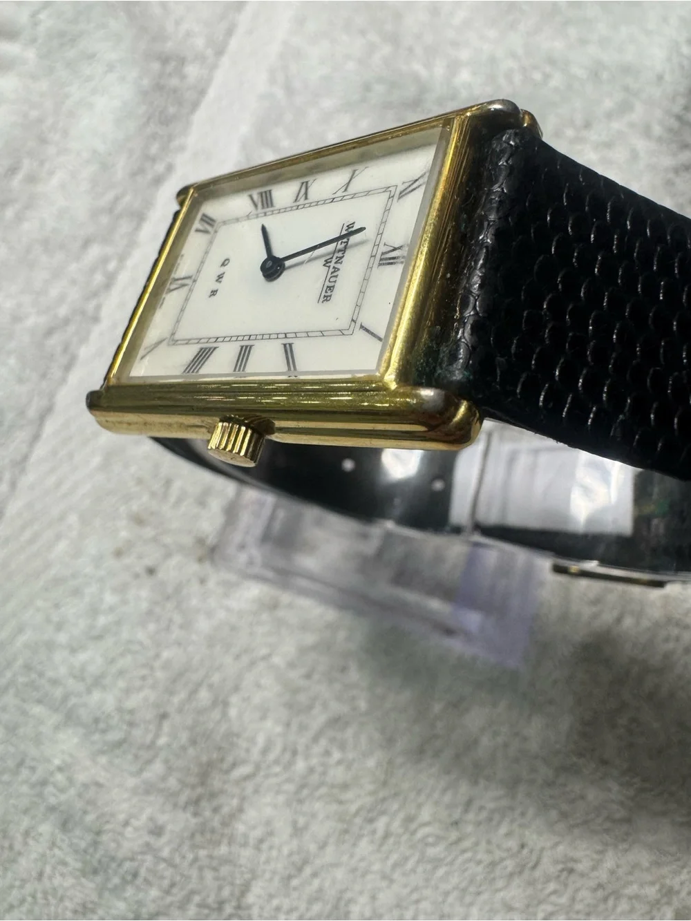 Classic Rectangular Gold-Tone Men's Watch with Black Leather Strap